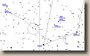 Cette carte nous invite  une petite promenade dans le bas de la lyre avec les jumelles.
Nous pourrons situer M57 au centre d'un petit triangle mais les jumelles 10x50 ne laisseront pas deviner bien sr, la structure annulaire de cette nbuleuse plantaire.
Nous remarquerons juste une petite diffrence par rappport aux toiles environnantes par sa faon de se rvler diffrement en passant de la vision dcale  la vision directe.
On peut confirmer sa situation  l'aide des toiles du petit triangle qui l'entoure, mais l'toile du bas, un peu faible ne se rvlera souvent qu'aprs M57 elle mme.
Pour la suite, j'ai trac un petit cheminement qui vous permettra de retrouver facilement "la double" de la" double double". mais les jumelles 10x50 auront du mal  vous laisser deviner la structure double de struve 2474 du fait certainement de la magnitude d'cartentre les composants, mais cela se fait. Struve 2470, par contre ne m'est jamais apparue que lgrement allonge. 
Le tlescope  faible grossissement vous donnera une jolie vue de cette double paire aux toiles diversement colores.
Struve 525 sera aussi  voir au tlescope. Une composante supplmentaire  plus loigne pourra tre observe aux jumelles.
Ne pas manquer non plus shliak aux jumelles, et le tlescope rvelera celle-ci entoure d'un joli petit triangle.

